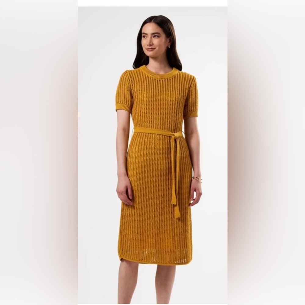 Amour Vert Yellow Ribbed Tie Front Midi Dress